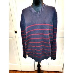 Men Lands' End Drifter Navy Burgundy Stripe V Neck Sweater XL Preppy Nautical